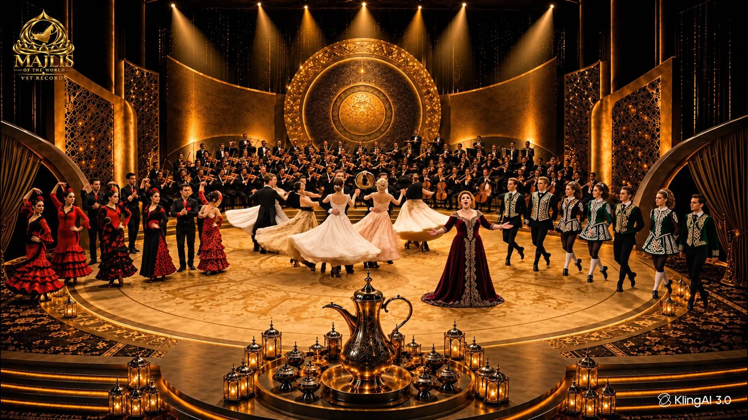 Concept artwork of an orchestra, vocalists and dancers sharing an ornate golden stage