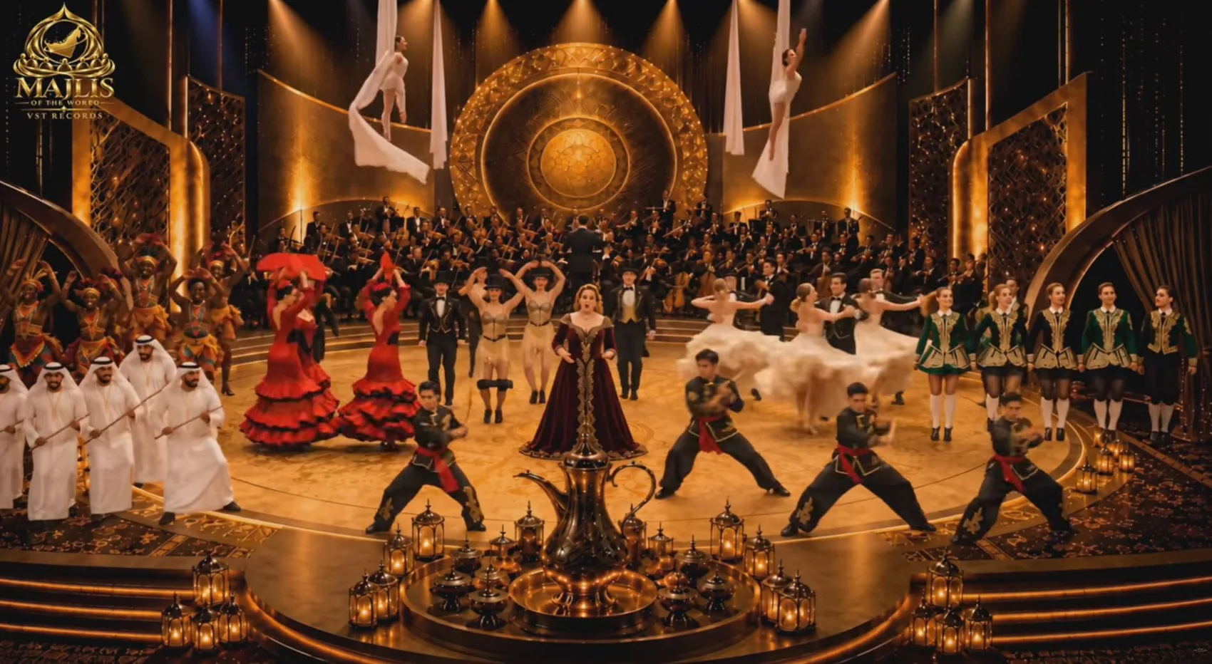 International dancers and performers gathered in a golden theatre, illustrative concept artwork