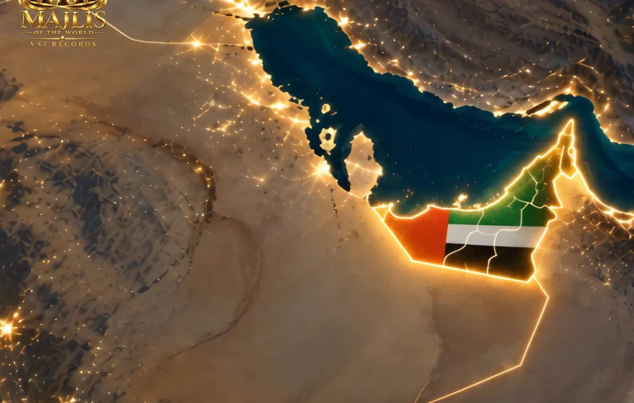 Illustrative illuminated outline of the United Arab Emirates on the Arabian Peninsula